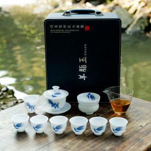 MULTIPOTENT整套功夫茶具套装手绘冰种兰花羊脂玉陶瓷盖碗茶具精美伴手礼盒