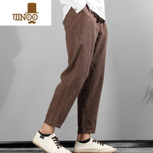 YANXU新款麻裤男宽松直筒休闲九分裤苎麻黑色日系亚棉长裤子潮