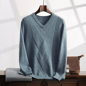 秋冬v领男士套头打底衫大码宽松鸡心领提花毛衣男中年加厚羊绒衫