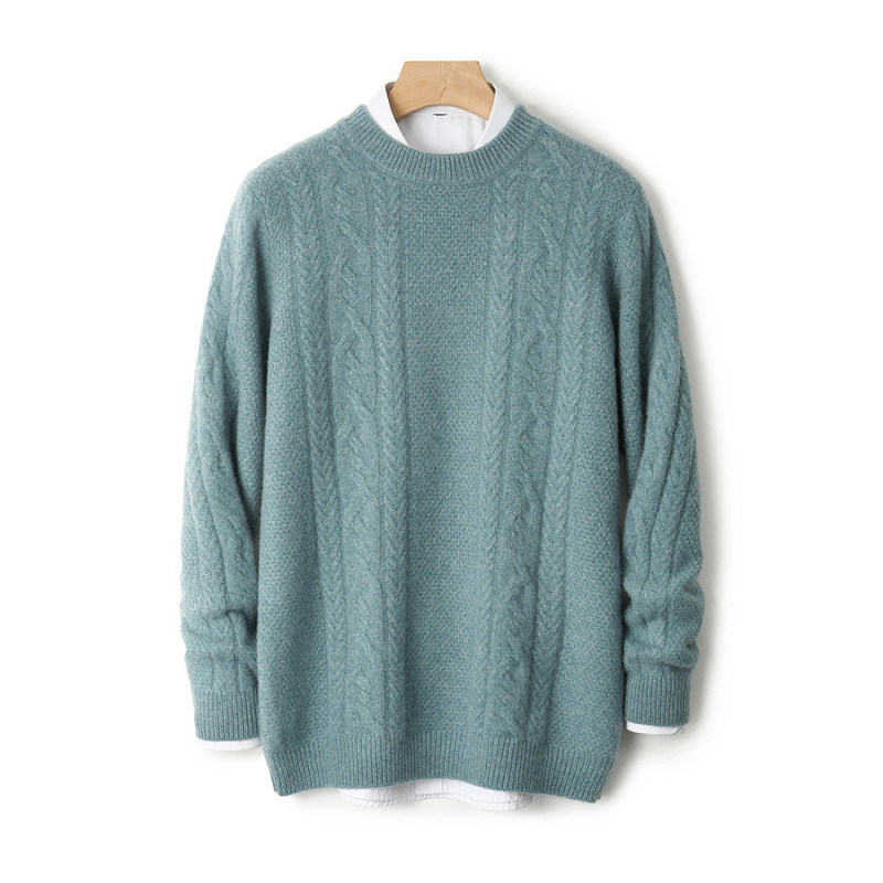 重磅三股加厚羊毛衫男士圆领麻花毛衣长袖套头提花宽松针织打底衫