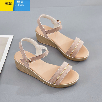 聚范凉鞋女2021年夏季新款百搭时装坡跟仙女风厚底松糕一字带平底鞋子