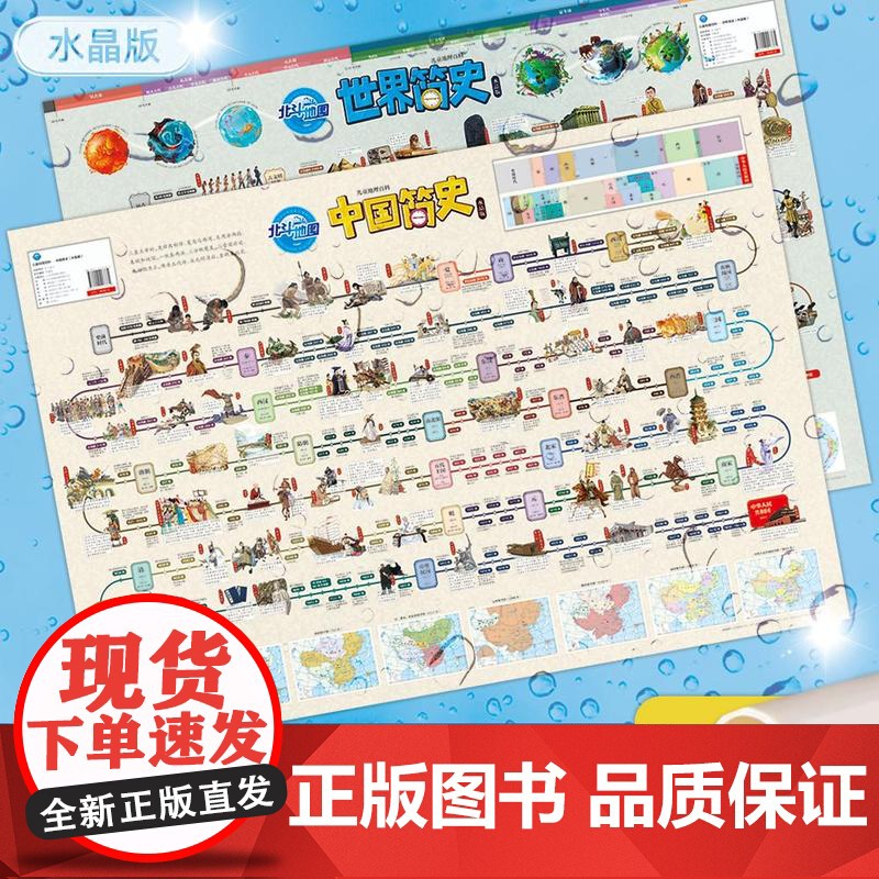 北斗地图)高清2张儿童地理百科**世界简史(水晶版)学生专用新版全国地图墙贴大尺寸挂画小学生书房地理知识挂图客厅背景墙大