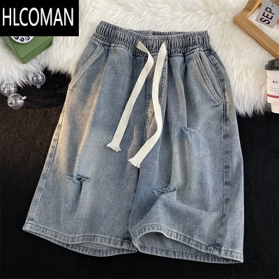 HLCOMAN2024夏季抽绳松紧腰破洞牛仔短裤男潮牌街头宽松直筒阔腿五分中裤