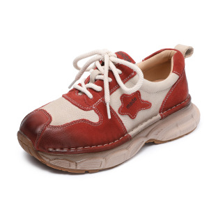 春季新款复古拼色头层牛皮单鞋运动休闲增高真皮女鞋