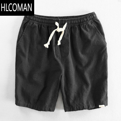 HLCOMAN休闲短裤男亚麻五分裤子日系棉麻中裤运动直筒宽松松紧腰