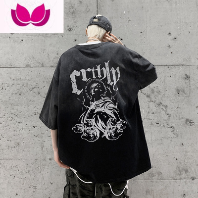 七斓2023美式复古短袖男士ins夏季宽松水洗做旧高街潮牌T恤上衣服