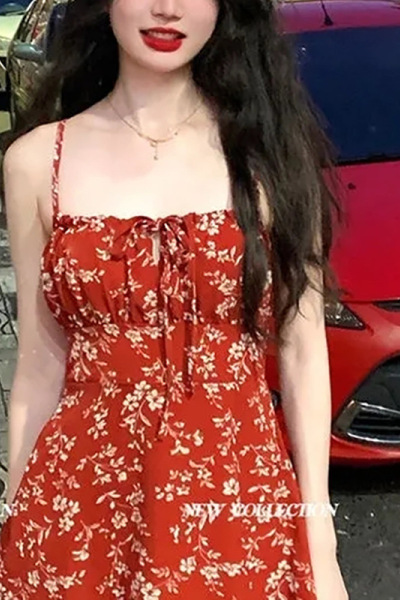 甜美日系vintage碎花吊带连衣裙子女夏季休闲收腰无袖度假风ins潮