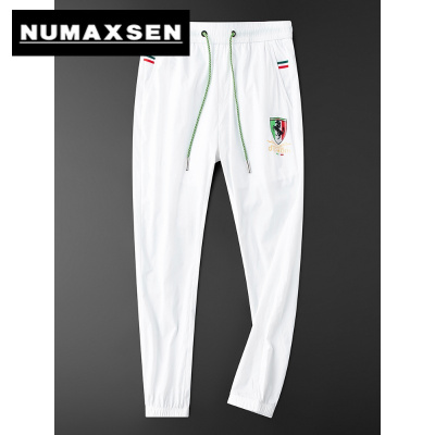 纽曼森（Numaxsen）运动裤男轻奢级夏季薄款冰丝印花白色束脚休闲裤青年冰感九分裤潮