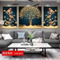 北欧壁画三联组合沙发背景墙客厅装饰画 鹊登梅枝(金色边框) 40*60cm三联套装(建议1.8-2.5米沙发)太空银[铝