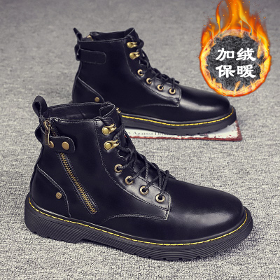 Ideamini男靴秋冬季高帮工装英伦风马丁靴男加绒加厚保暖棉鞋黑色机车皮靴靴子