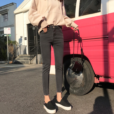 牛仔裤女毛边裤女高腰弹力腰头修身直筒长裤女7.28