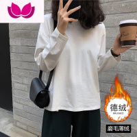 七斓白色纯色长袖打底衫上衣女韩版百搭宽松t恤学生加绒德绒