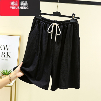 YIBUSHENG新款人棉短裤女季宽松阔腿裤高腰显瘦五分裤松紧腰休闲裤薄款