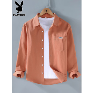 花花公子纯棉衬衫男士长袖上衣服2025年秋季休闲纯色工装衬衣外套