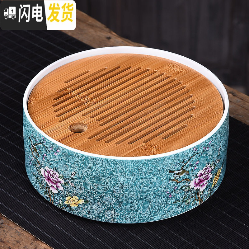 三维工匠家用简约功夫茶具扒花干泡大号茶盘套装储水日式竹制茶托盘 大号藏蓝悠品干泡盘