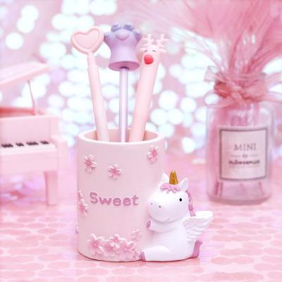 创意ins樱花独角兽笔筒桌面装饰化妆品收纳桶学生礼品工艺品摆件三维工匠小兔樱花粉色