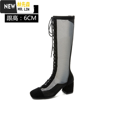 林先森靴子女夏网红罗马高筒凉靴粗高跟网纱凉鞋镂空系带长筒靴网靴大码休闲鞋