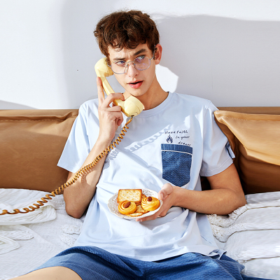 芬腾男士睡衣短袖短裤夏季薄款纯棉青年休闲可外穿套头家居服套装