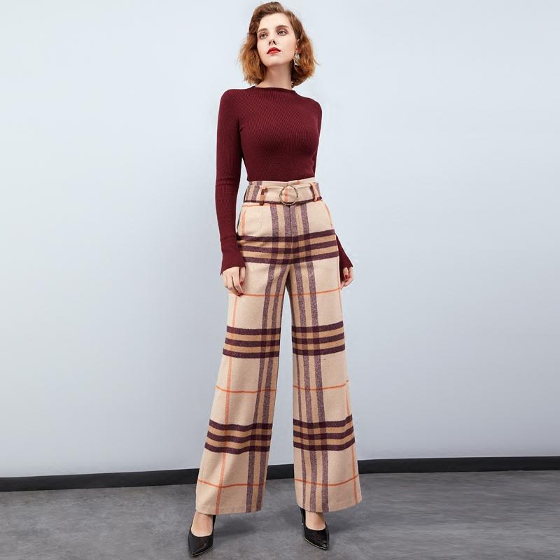 2018秋冬新款阔腿裤女时尚格子女裤宽松显瘦休闲裤毛呢长裤