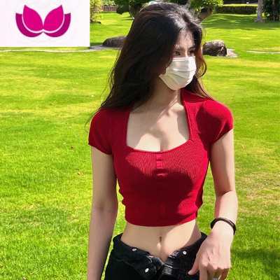七斓红色方领正肩短袖t恤女夏季2023新款设计感小众修身短款辣妹上衣
