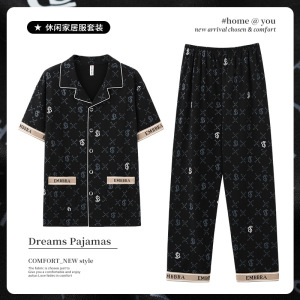 2026新款睡衣男士夏季棉质短袖长裤薄款休闲男式开衫家居服两件套_1