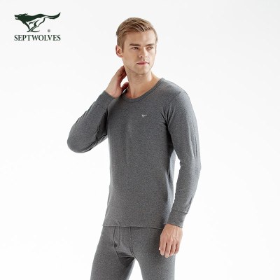七匹狼SEPTWOLVES保暖内衣男士纯棉青年秋衣秋裤全棉毛衫套装秋冬季男圆领加厚加绒2020100%棉-深灰圆领薄款套装175XL-