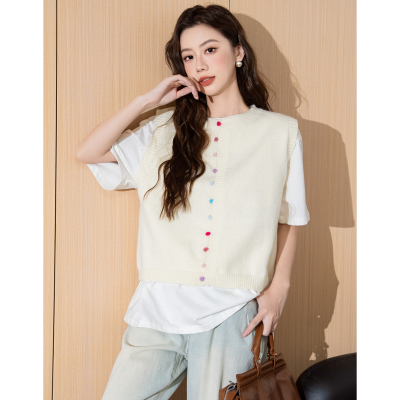 [3件8.5折101.9元,叠加优惠券]唐狮温柔风彩色纽扣圆领开衫马甲女叠穿针织背心韩系上衣qd