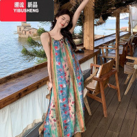 YIBUSHENG海边度假碎花吊带连衣裙2024新款法式复古波西米亚民族风绝美长裙