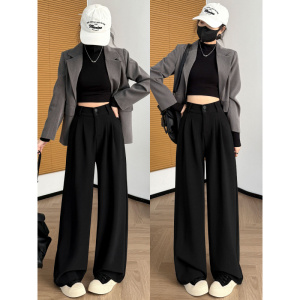 黑色裤子女春秋小个子宽松高级感垂感休闲直筒阔腿裤雪纺西装长裤