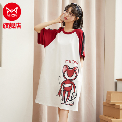 猫人睡衣女士夏季短袖睡裙纯棉可外穿甜美可爱少女风家居服睡裙