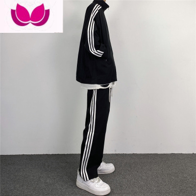 七斓妈个鸡妈 韩国ins美式复古潮流慵懒三杠宽松休闲运动套装男女
