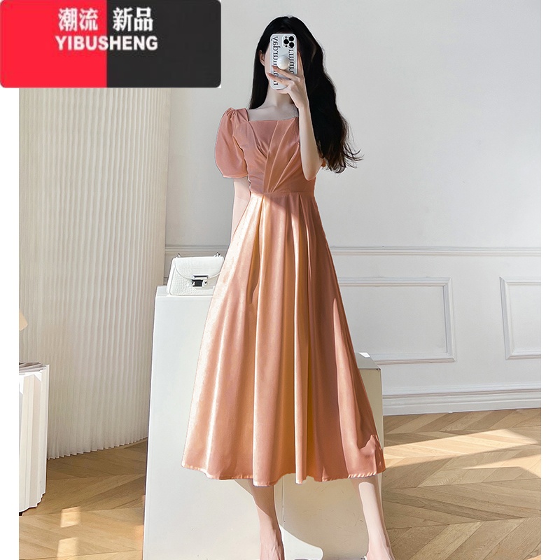 YIBUSHENG法式方领白色连衣裙女季2024新款褶皱高级感气质收腰显瘦长裙子