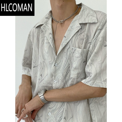 HLCOMAN夏季冰丝古着感vintage波浪纹短袖衬衫男宽松休闲沙滩古巴领衬衣
