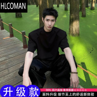 HLCOMAN黑色垫肩短袖T恤男夏季衣服痞帅高级感男装男生小领口半袖潮