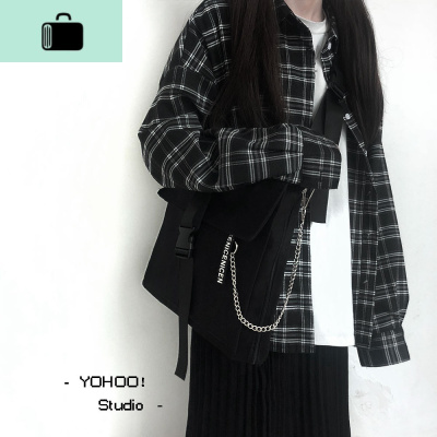 原创包包ins2020新款百搭斜挎包帆布学生书包上课背包男女NEW LAKE 黑色(链条可拆卸)女斜挎包