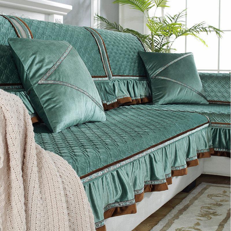 家柏饰(CORATED)毛绒沙发垫四季通用皮沙发防滑坐垫子简约现代时尚沙发套罩 暖熙-松绿 90*210cm+花边