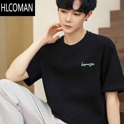 HLCOMAN短袖t恤男士2025新款夏半袖打底衫宽松美式潮牌黑色体恤