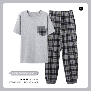睡衣男士夏季短袖长裤家居服薄款棉质大码格子青少年学生