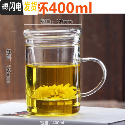 三维工匠耐热玻璃杯 花茶杯带把带盖过滤泡茶杯男女式办公水杯茶具加厚 直身杯400