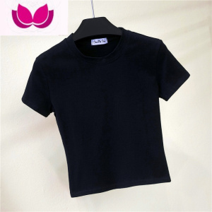 七斓半高领短袖露脐t恤女夏装紧身漏肚脐打底衫短款高腰纯色运动上衣