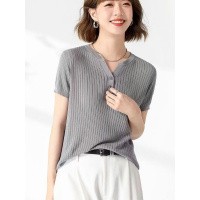 夏季新款温柔风半开领抽条针织衫短袖遮肚子显瘦修身百搭上衣