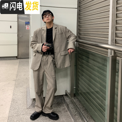 HLCOMAN男士西服套装韩版潮流痞帅气格子外套秋季阔腿西裤宽松潮牌两件套西服套装