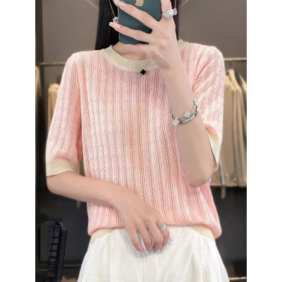 夏季新款韩版拼色短袖女圆领镂空冰丝半袖上衣宽松百搭针织T恤