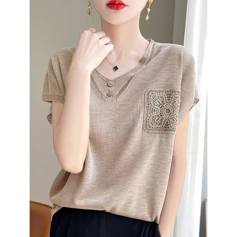 2026凉感冰丝假口袋短袖女V领小个子宽松打底夏季薄款内搭T恤上衣