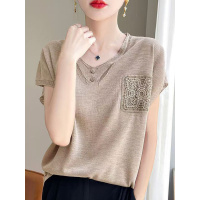 2026凉感冰丝假口袋短袖女V领小个子宽松打底夏季薄款内搭T恤上衣