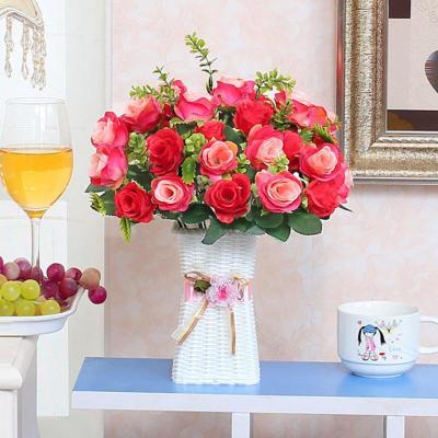 三维工匠装饰假花仿真干花束客厅摆件室内茶几摆设插花植物小盆栽塑料花艺方蓝+3束巴黎玫瑰红色仿真植物