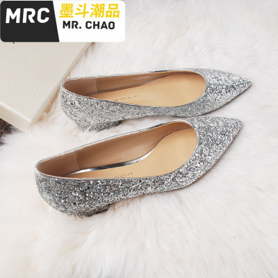 (1-3厘米)鞋女粗跟银色亮片尖头水晶孕妇单鞋新娘伴娘鞋婚鞋女大码墨斗潮品休闲鞋