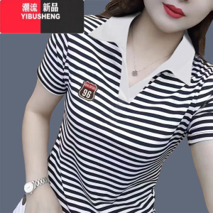 YIBUSHENG翻领POLO衫短袖T恤女装2024季新款韩版时尚正肩洋气减龄上衣潮