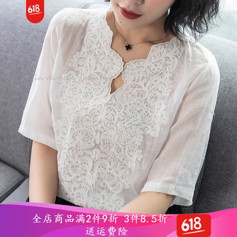 迪鲁奥(DILUAO)授权店铺花瓣袖苎女宽松2021新款复古料亚刺绣上衣