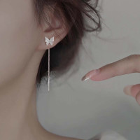 s925银针满钻蝴蝶耳线女精致高级感耳链耳环轻奢气质小众简约耳饰送女朋友老婆情人节七夕生日礼物